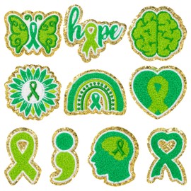 Mental Health Awareness Chenille Iron on Patches - 10Pcs Green Ribbon Repair Patch World Mental Health Day Sew on Embroidered Patches Applique DIY Accessory for Clothes Backpack Pant Hat Jean Decors