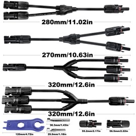 cersaty® 2 Pairs of Y Cable Solar, Weatherproof Y Connector Solar Cable with 10 Pairs MC4 Solar Plugs & 4 Spanner for Solar System (1 to 3/1 to 2)