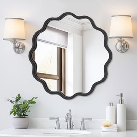 PROHOMEWARE Black Round Mirror 20 Inch Wavy Bathroom Vanity Mirror Gold Frame Modern Wall Mirror Decorative Wall-Mounte Anti-Rust, Tempered Glass