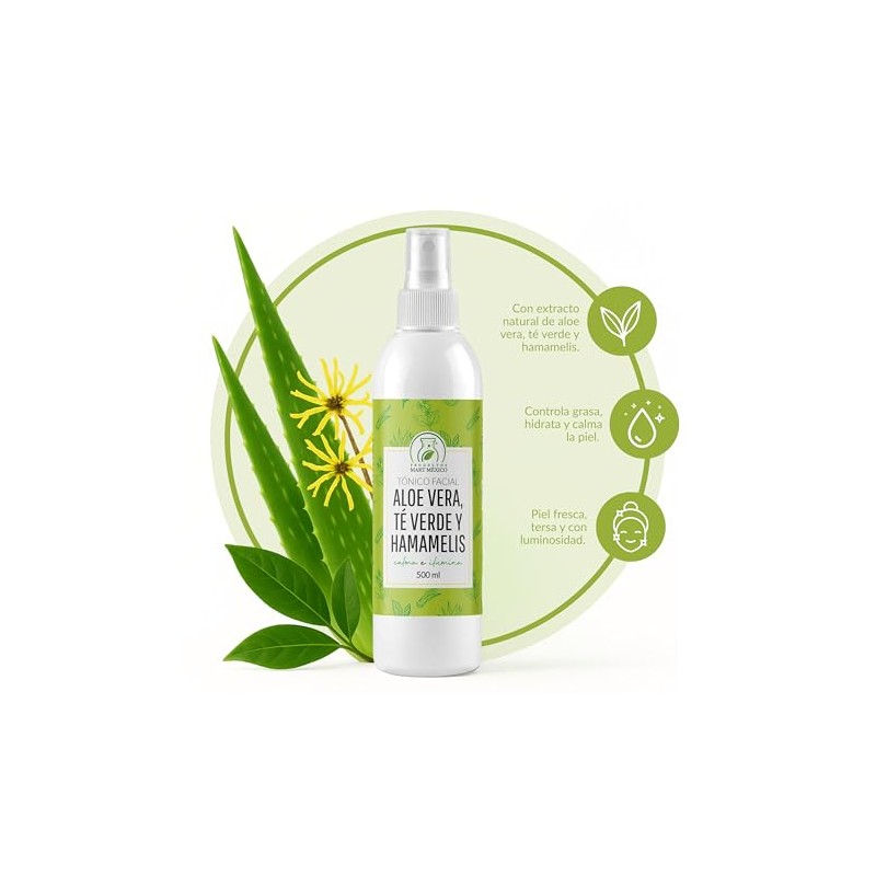 Tónico De Aloe Vera,Té Verde Hamamelis Hidratante Facial 500 Ml