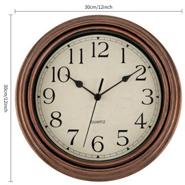 Foxtop Vintage Copper Wall Clock 12 Inch Silent Non Ticking Battery Operated Quartz Round Retro Wall Clock Decorative for Kitchen Bedroom Living Room Office Classroom