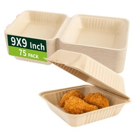 Lxins ECO 9x9 Inch To Go Boxes 75 Pack, Compostable Clamshell Take Out Containers, Natural Sugarcane Bagasse Food Boxes, Disposable Meal Prep Containers with Lids, Microwave Safe