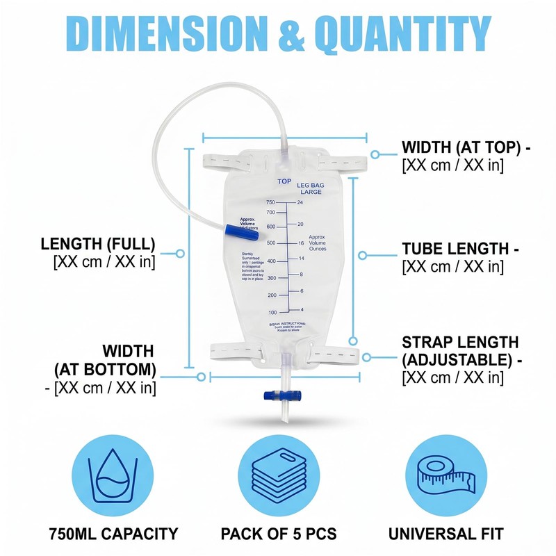 5 Urine Leg Bags 750 ml with 45 cm Hose