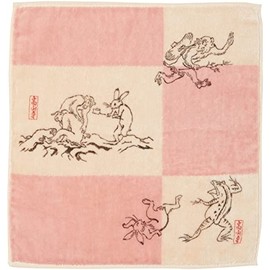 YamamotoJin Shoten Japanese Miscellaneous Goods Kyoto Accessories, National Treasure, Chojujujin Figurines Caricature, Jacquard Print Towel, A Pink, Approx. 9.8 x 9.8 inches (25 x 25 cm)