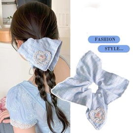 2 Pcs Large Rustic Lattice Scrunchies for Hair Bun, Large Blue Satin Scrunchies for Women girls Elegant lace cherry hair ties thin ponytail thick curly hairs (Love Heart)