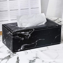 Marble Ink Pattern Leather Tissue Box Holder - Waterproof Rectangular Tissue Box Cover Napkin Paper Holder for Home,Office&Car Decor (Black-Large(9.8 x 5.5 x3.7 inch))
