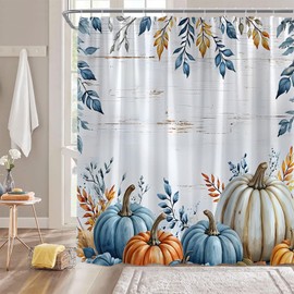 Fall Thanksgiving Shower Curtain Pumpkin Leaves Leaf Floral Vintage Wooden Rustic Watercolor Autumn Festival Blue Orange Bathroom Decor Curtain with Hooks,70" Wx70 H
