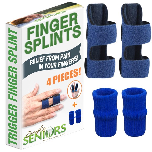Simply Seniors Finger Splints - Set of 2 Splints & 2 Sleeves - Pain & Arthritis Relief - Brace for Trigger, Mallet & Broken Finger - Fits Index, Middle, Ring - Adjustable Support for Injury & Sprain