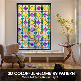Windimiley Stained Glass Window Privacy Film:3D Colorful Geometric Decorations Static Clings Faux Opaque Frosted Floral Window Stickers Winter Sun Blocking Non Adhesive Covering(16.9x 39.4in,Colorful)