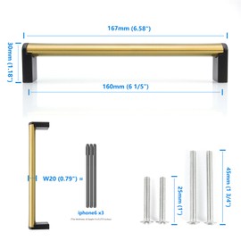 FULGENTE 10 Pack Brushed Brass Cabinet Handles 6-1/5" (160mm) - Gold and Black Kitchen Cupboard Pulls, Dresser Drawer Handles for Bathroom, Bedroom, Office - Includes Mounting Screws
