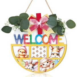 HOURIA 3D Easter Welcome Door Decor,11.4 inch Chick Lamb Rabbit Bunny Wreath Sign,Spring Easter Decorations for Home Office Garden Indoor Outdoor