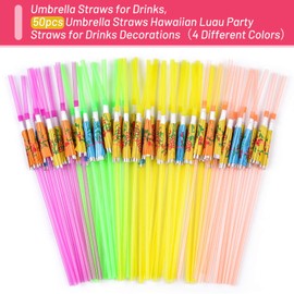 Hawaiian Party Straws, Paxcoo 50Pcs Umbrella Straws for Cocktails, Drink Umbrella Straws for Tropical Hawaiian Luau Party Decorations (Assorted Colors)