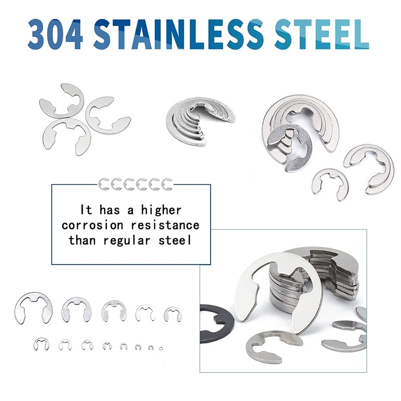 E-Clip Retaining Rings Assortment Set, 304 Stainless Steel External Snap