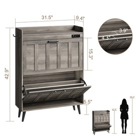 ChooChoo Shoe Storage Cabinet with 2 Flip Drawers, Deodorizing Shoe Organizer Storage for Entryway, Freestanding Hidden Slim Narrow Shoe Rack Cabinet, Grey