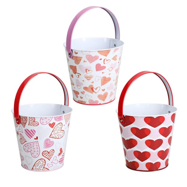 Valentine's Day Hearts Metal Tin Bucket Pails, 3-ct Set