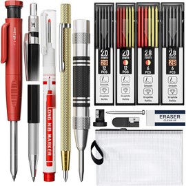 22 Pack Mechanical Carpenter Pencil Set with Sharpener 60 Refills, Automatic Center Punch, Carbide Scribe Tool, Eraser and Deep Hole Marker Pen, Heavy Duty Construction Pencil for Architect-With Pouch - Colour: Red(14pcs)