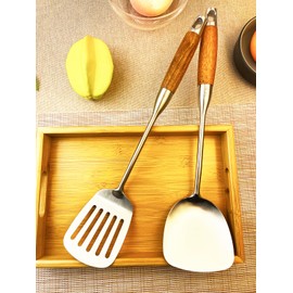 KLAQQED 2Pcs Wok Spatula Stainless Steel set, Stainless Steel Metal Wok Spatulas Utensils set for Cooking,Wide Long Wood Handle Wok Spatula Utensils, Hollow Slotted Wok Spatula