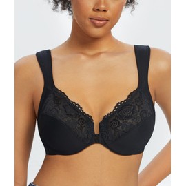 Lemorosy Wide Strap Front Closure Bra Lace Full Figure Underwire(Black Wide Strap,42D)