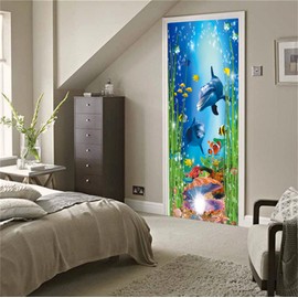 artfanke 3D Peel and Stick Door Sticker 30.3"x78.7"- Self-Adhesive Door Wallpaper Murals Decal-Dolphin Shell Undersea World Wall Poster for Home Decor (2 Sheets/Set)