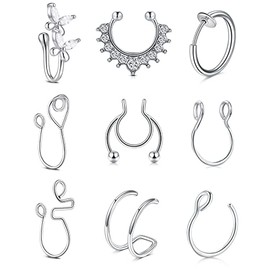 TOKRING Fake Septum Nose Cuffs Silver Clip-on Nose Rings for Non-pierced Women