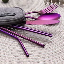 (Purple) - Portable Stainless Steel Flatware Set, Travel Camping Cutlery Set, Portable Utensil Travel Silverware Dinnerware Set with a Waterproof Case (Purple)