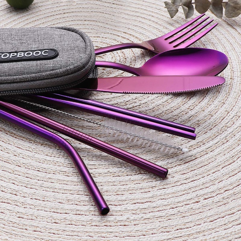 (Purple) - Portable Stainless Steel Flatware Set, Travel Camping Cutlery