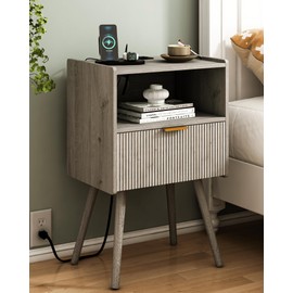 JOONEE Nightstand with Outlet,Modern Bedside Table with Storage Drawer and Open Wood Shelf, for Living Room, Bedroom and Small Spaces, Accent Night Stand with Solid Wood Legs, Easy Assembly,Grey Oak