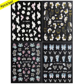 Fcozpjk Acrylic Flowers for Nails 4 Sheets 5D Embossed Floral Nail Decals Colorful Flowers Nail Stickers, Gold Strip Lines Swirls French Tip Nail Stickers, Daisy Butterfly Stickers Pegatinas Uñas
