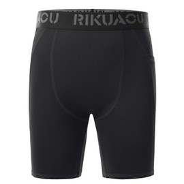RIKUAOU Youth Boys Compression Shorts with Side Pockets, Kids Athletic Base Layers Running Underwear for Baseball Football Black