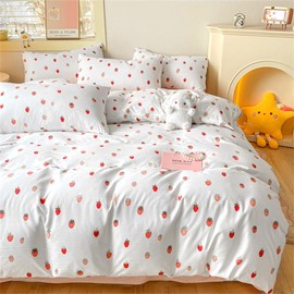 Strawberry Duvet Cover Queen Size Cute Pink Strawberry Comforter Cover Cream White Strawberries Duvet Cover Set Red Cartoon Bedding Set Breathable Durable Soft