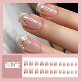 Short Press on Nails Cute Square French Tip Fake Nails with Glitter French Designs Nude Glossy Acrylic Nails Gold Stripes False Nails Reusable Artificial Glue on Nails for Women Girls 24Pcs