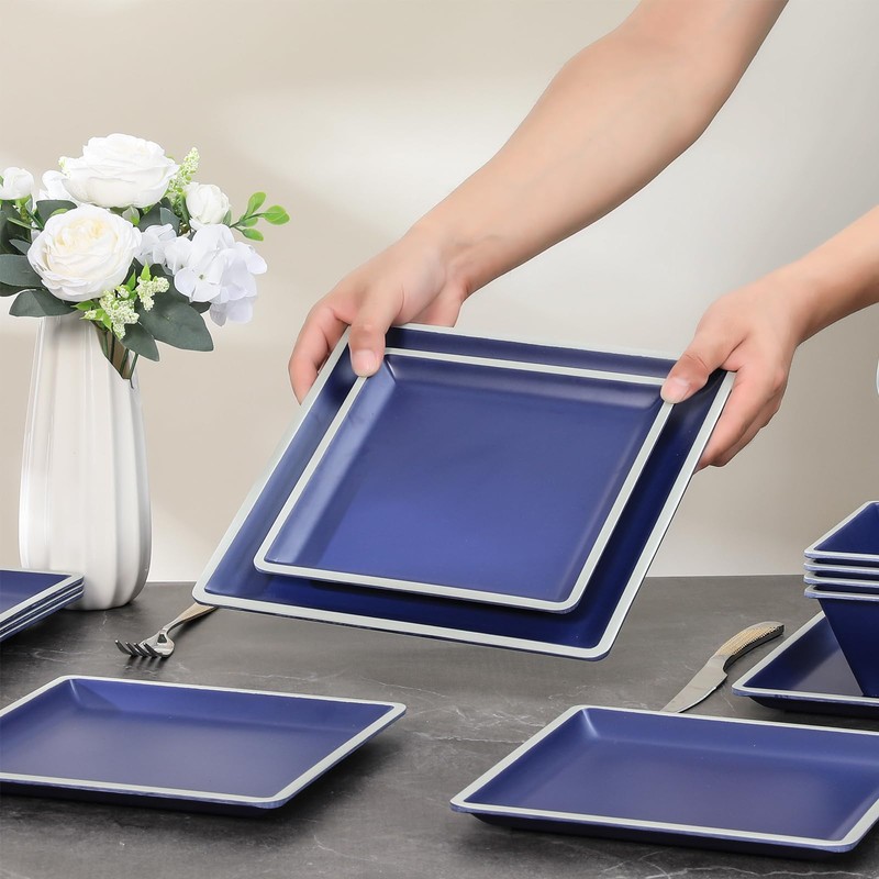Square Melamine Dinnerware Sets， Durable Square Dinner Plates and Bowls