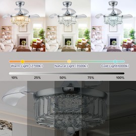 DuMaiWay 30" Chandelier Ceiling Fan with Light Crystal Modern Fandelier Reversible Ceiling Fan Dimmable Retractable Timer for Bedroom Dining Living Room Silver Chrome