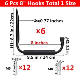 Garage Storage Jumbo Arm Hook Heavy Duty Wall Mount Organizer Utility Garden Hanger with EVA Protector (6 Pcs 8" J Hooks)
