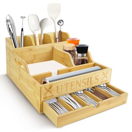 Kitchen Utensil Holder, Lagre Wooden Cooking Utensil Holder, Farmhouse Spatula Organizer, Countertop Utensil Crock for Forks Spoons Knives Kitchen Cooking Tools Storage with 11 Compartments(Log Color)