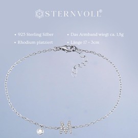 Sternvoll® Women's Bracelet 925 Sterling Silver Rhodium Placed with Zirconia 17 + 3 cm Adjustable Letter Bracelet, One size, RHo, Cubic Zirconia