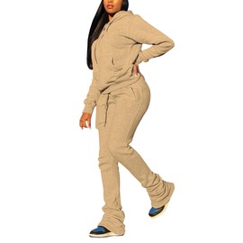 PINSV Women's Sweatsuits Sets 2 Piece Outfits Drawstring Hoodies Stacked Jogger Sweatpants Tracksuits Casual Set Khaki S