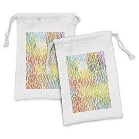 Ambesonne Leaves Fabric Pouch Set of 2, Funky Floral Pattern in the Colors of All Seasons Refreshing Environment Ecology, Small Drawstring Bag for Toiletries Masks and Favors, 9" x 6", Multicolor