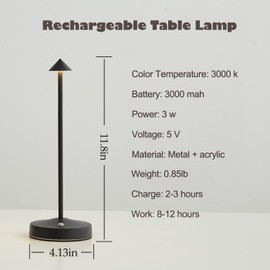 maglaw Rechargeable Cordless Table Lamp,Modern Black Battery Operated Table lamp,Portable LED Touch 2 Levels Brightness Dimmable Bar Lamp,Battery Powered Lamp for Bars,Restaurant,Living Room