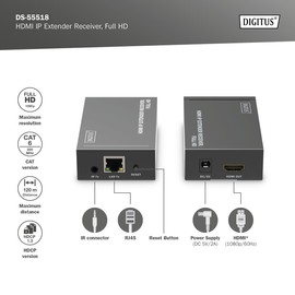 DIGITUS HDMI IP Extender Receiver, Full HD (1080p/60Hz), 120m Range, Black
