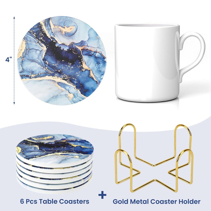 Topdea Drink Coasters with Holder(Set of 6), Navy Blue Marble