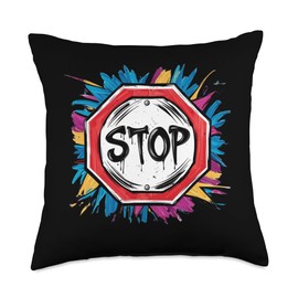 Graffiti Stop Sign Road Sign Throw Pillow