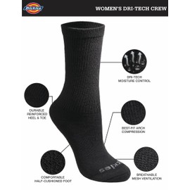 Dickies womens Dritech Advanced Moisture Wicking Crew Casual Sock, Black Solid (6 Pairs), Shoe Size 9-13 US