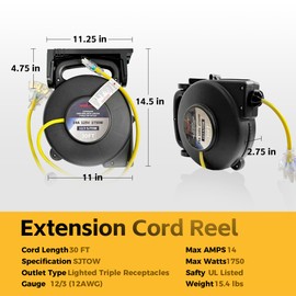 Aceland 12 Gauge 30 FT SJTOW Retractable Extension Cord, Heavy Duty Power Cord, 14 Amp 125V 1750W, Triple Outlet Electric Cord Reel, Ceiling or Wall Mount, UL Listed