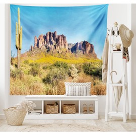 ambesonne Saguaro Cactus Decoración Collection, Blooming brittlebush superstición Wilderness por la montaña Phoenix View, recámara Salón recámara Pared Hanging Tapestry, 203,2 x 152,4 cm, Naranja café