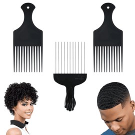 JIUANODD Plastic & Metal Hair Pick Comb Set for Curly & Afro Hair – 3 Pack Detangling & Styling for Men & Women – Includes 2 Plastic Picks and 1 Stainless Steel Metal Pick