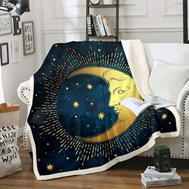 Loussiesd Sun and Moon Sherpa Blanket Boho Exotic Blanket for Sofa Couch Bed Bohemian Style Fleece Throw Blanket Soft Galaxy Star Warm Flannel Blanket Room Decor Plush Fuzzy Blanket Single 50"x60"