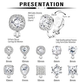MILACOLATO 10Pairs Clip On Earrings for women Cubic Zirconia Square Heart Ear Clips Earring Hypoallergenic Crystal Non-Pierced Clip Earrings for Girls No Piercing Fake Earrings Set Silver
