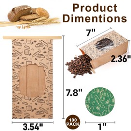 Pumtus 100 Pack Bakery Bags with Window, 3.54x2.36x7 Inches Small Kraft Paper Bag with Stickers, Tin Tie Tab Lock Brown Cookie Bag, Grease Proof Snack Gift Bag for Treat Popcorn Coffee Bean Sandwich