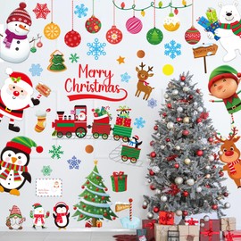 Christmas Wall Decals 142PCS Christmas Wall Stickers Removable Merry Christmas Wall Decorations Christmas Bathroom Fireplace Wall Decor Santa Claus Snowman Reindeer Wall decal Indoor